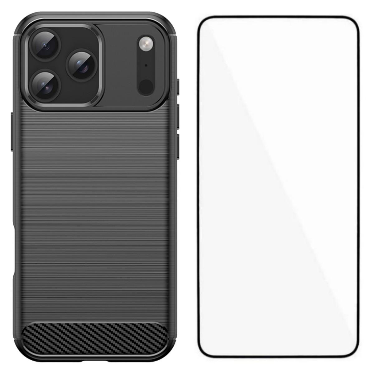 

For iPhone 17 Pro Case with Tempered Glass WANLONFENG LS Series Brushed Texture TPU Phone Cover Black