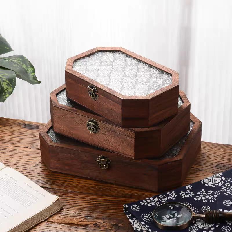 Crabapple Flower Glass Retro Wooden Storage Box for Desktop Sundries and Dressing Table Decor