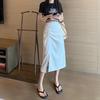 2025 Plus Size High Waist Black Pleated Skirt for Women - Slimming Mid-Length A-Line with Slit