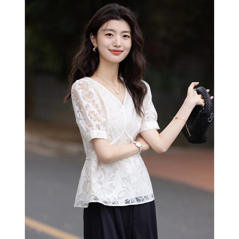 Elegant V-Neck Puff Sleeve Blouse M