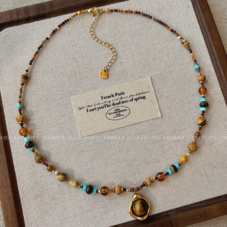Tiger Eye Beaded Necklace - Natural Stone Clavicle Chain for Women, Titanium Steel