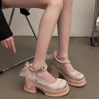 Scarpe col tacco da donna, stile gotico rosa, kawaii, carine, stile giapponese, stile Lolita, con tacco alto, punta rotonda, scarpe Mary Jane per donna, offerta serale