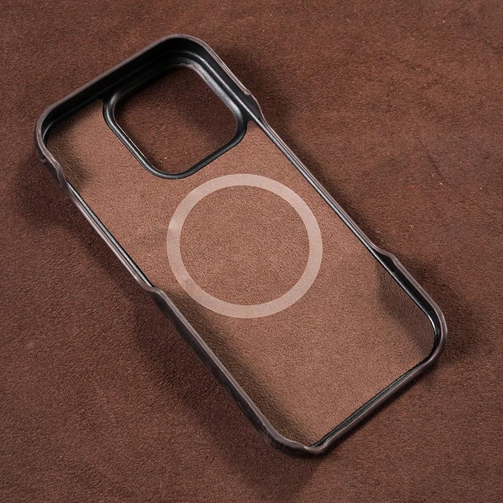 Pouzdro MagSafe pro iPhone 15 16 Pro Max 16Pro Retro luxusní celozrnná hovězí kůže z pravé olejované kůže s magnetickým natahováním