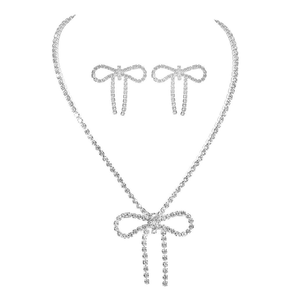 Sparkling Rhinestone Bow Necklace & Earrings Set - Two-Piece for Runway Competitions