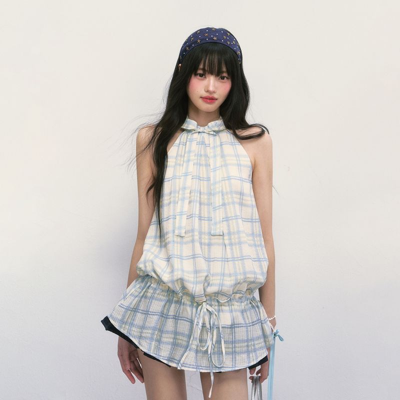 

Weekendhub Plaid Hanging Neck Dress Women Sleeveless High Sense 2025 New French style Vest Skirt Summer Light blue (second batch) S