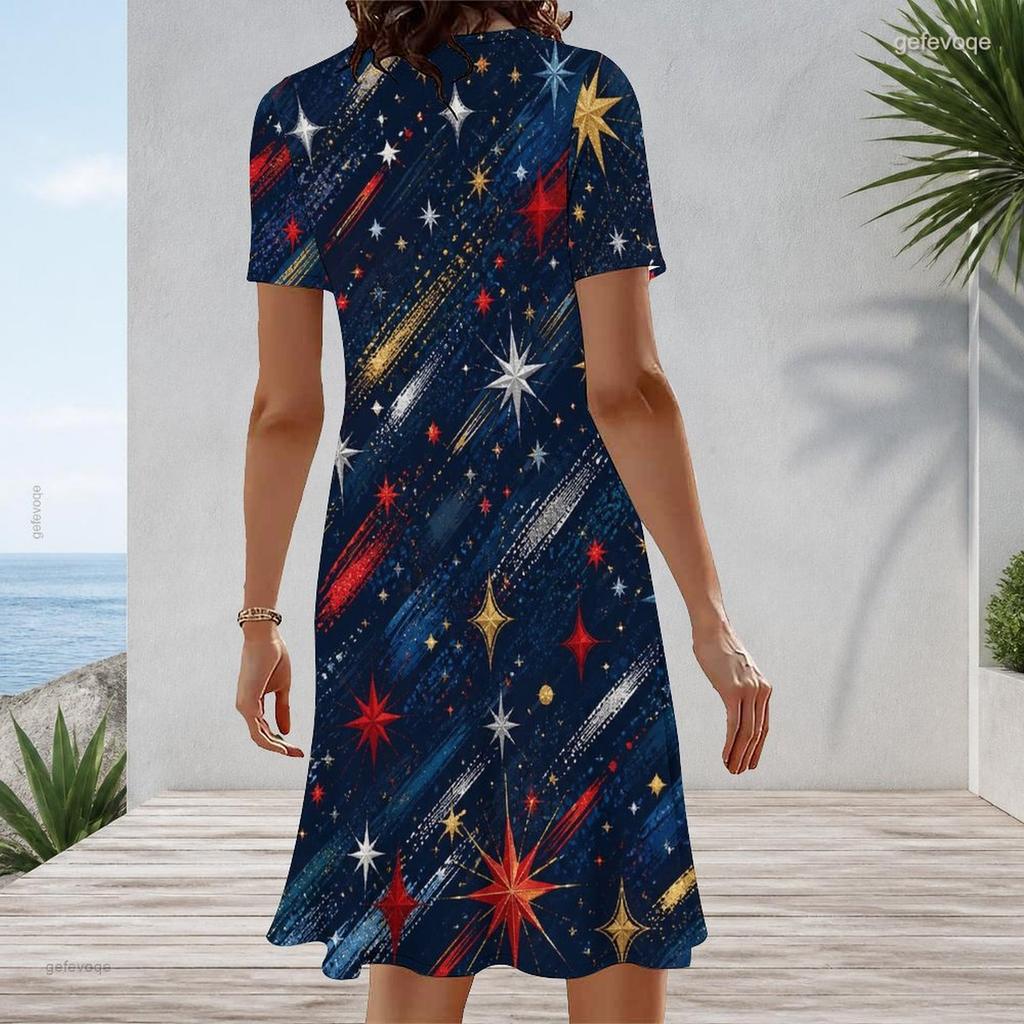 Women Plus Size White Round Neck Short Sleeve Star Printed A Line Midi Dress