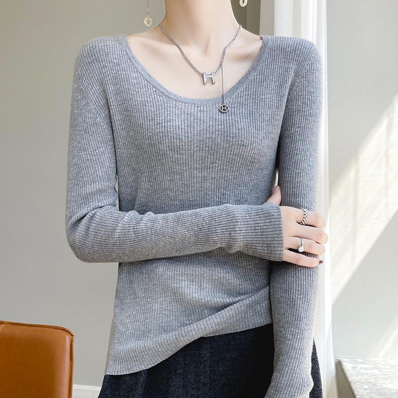 Crew Neck Sweater Tight Long-sleeved Inner with Large U-neck Knitted Sweater Early Autumn New Basic Versatile Solid Color Bottoming Shirt Women