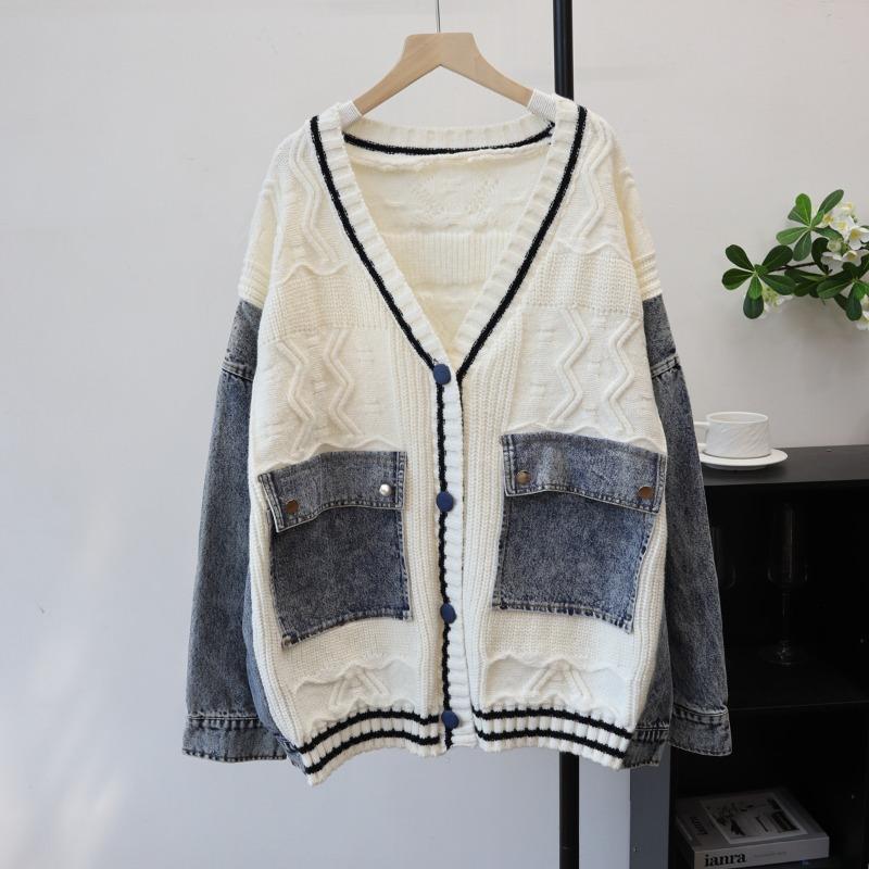 Autumn and winter new medium and long denim splicing knitted cardigan loose design sweater jacket women
