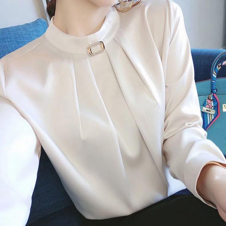 White Standing Collar Top Women's New Long Sleeve Bottoming Blouse Autumn Winter Professional Shirt