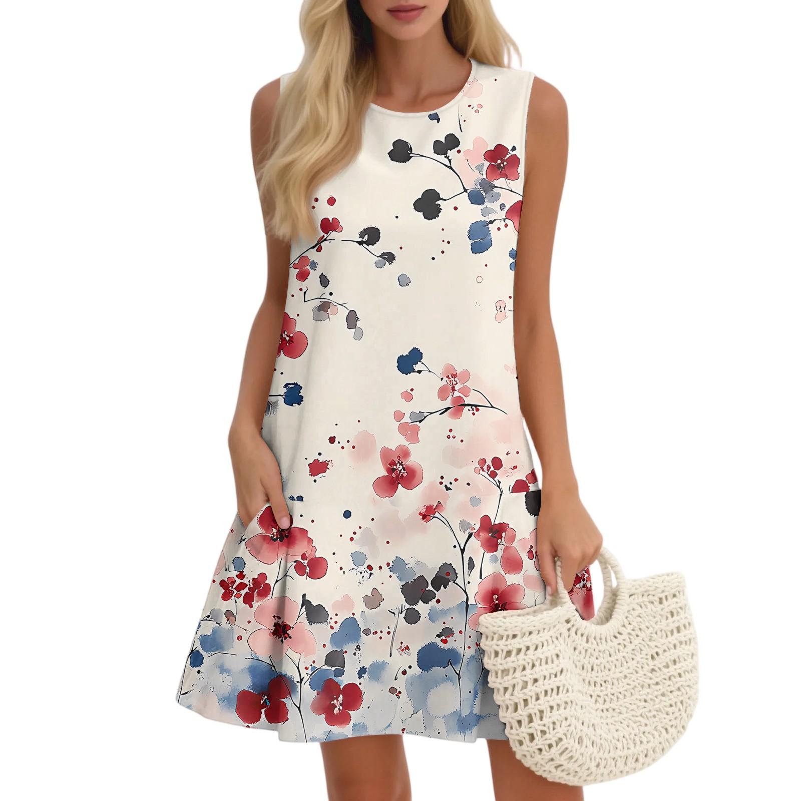 

Women s Casual Fashion Breathable Round Neck Vest Floral Holiday Dress With Pockets XL Кіновар