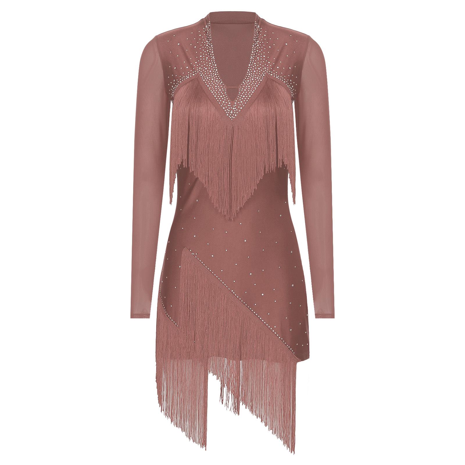 

Жіноча латиноамериканська танцювальна сукня з V-подібним вирізом та довгим рукавом, блискуча бахрома зі стразами, костюм для виступів танго, румба, ча-ча-ча