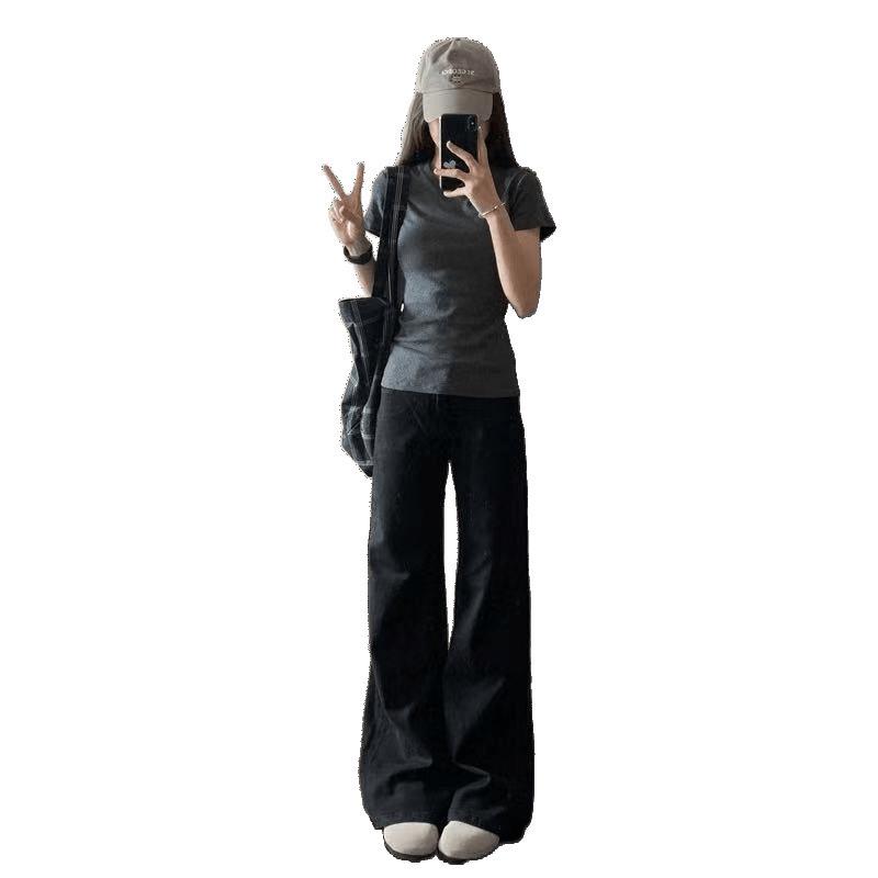Women's American Style Low-Rise Black Micro-Flare Jeans - Loose, Slimming, Floor-Length Pants for Spring/Summer