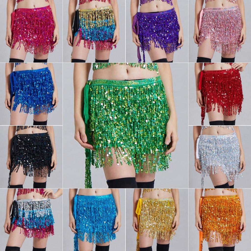 Sequin Tassel Fringe Skirt Belly Dance Costume Hip Scarf Wrap Shimmering And Elegant