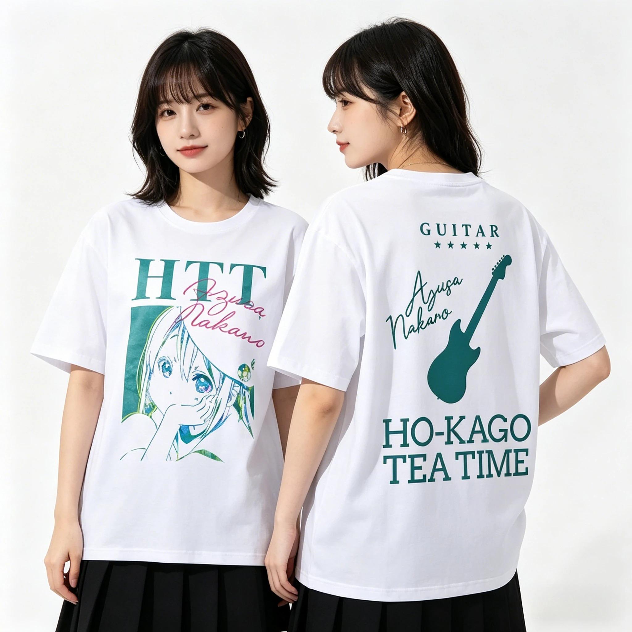 Stylish White Cotton T-Shirt Featuring K-On! Azusa Nakano and Ho-kago Tea Time Anime Graphic Print Streetwear T-Shirt 4XL
