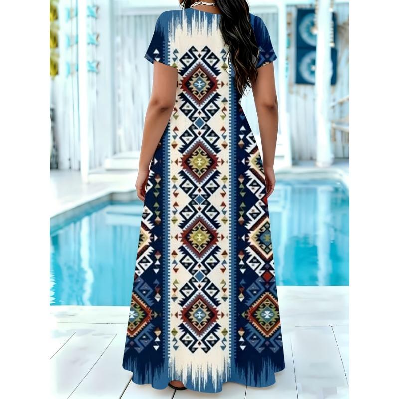 Bohemian-style geometric print maxi dress, casual long dress for summer.