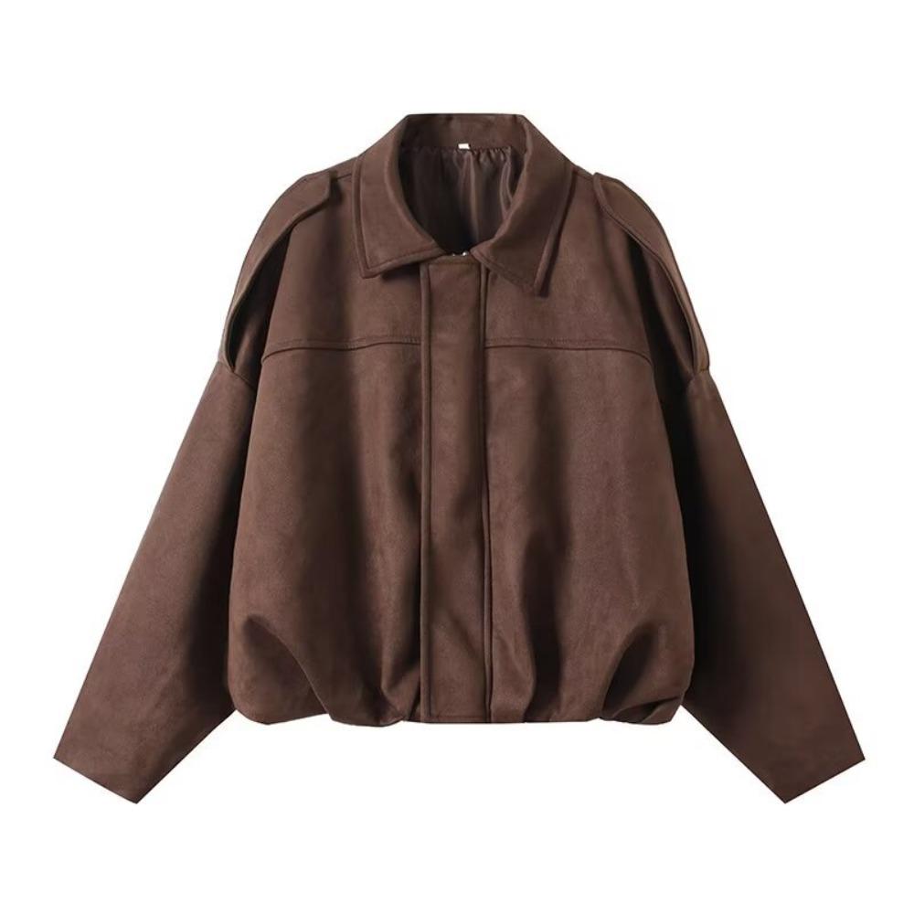 Women's Point Collar Long Sleeve Bomber Jacket Loose Fit Casual Suede Cropped Zip Up Outerwear Spring Fall Fashion Coat
