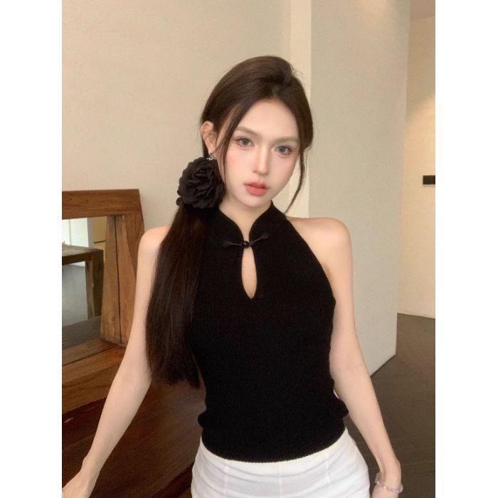 Chinese Style Halter Frog Button Cutout Knitted Vest - Women's Slim-Fit Sleeveless Summer Top