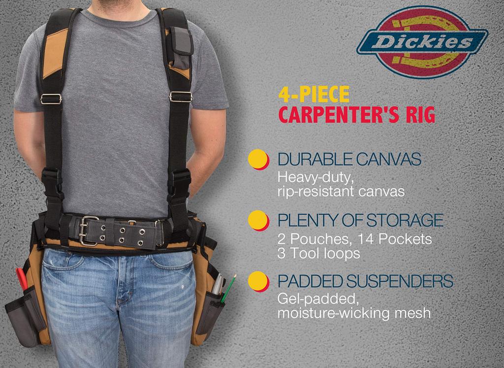 Dickies Arnés de 4 piezas Cinturón de herramientas acolchado Tirantes Malla refrescante Cinturón de herramientas Hebilla de acero Negro Carpintero