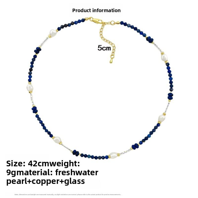 Collier Meier en lapis-lazuli naturel et perles d'eau douce baroques naturelles - Choker cristal splicing pour femmes
