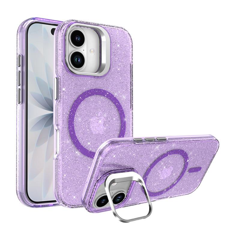 For IPhone 17 Glitter Phone Case PC Transparent Magnetic Bracket for Apple 15 Anti Drop Protective Case 13 with Hanging Rope