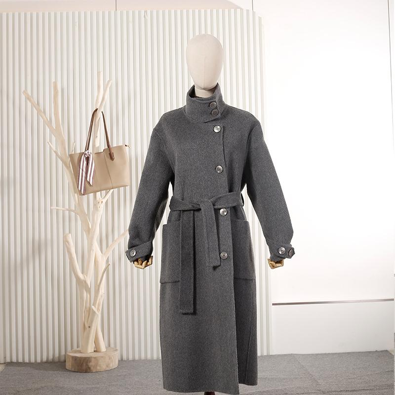 Stand-up collar metal buckle long wool double-sided coat coat thin women's wool coat commuter coat wool