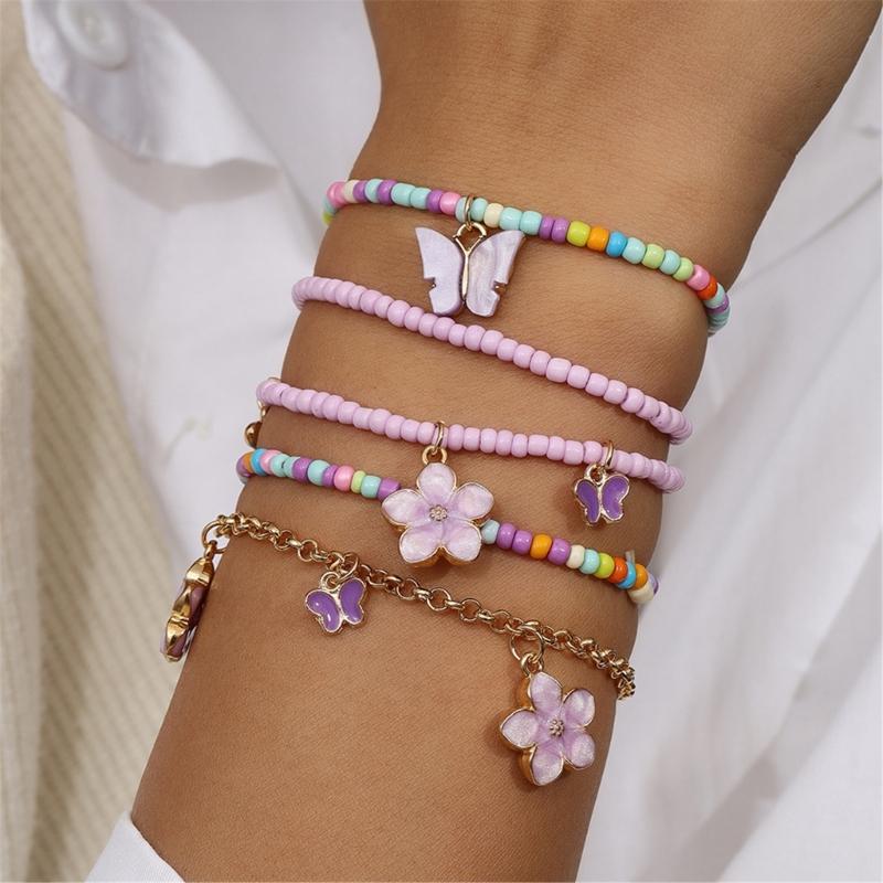 Pack of 5 Handmade Bead Bracelet Colorful Adjustable Wrist Jewelry Charm Bracelet Bead Texture for Various Occasion