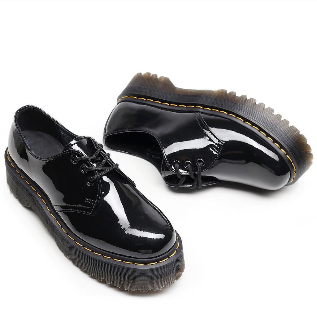 Thick-soled hole Martin shoes women's low-top, leather mirror round head patent leather student muffin bottom short boots women