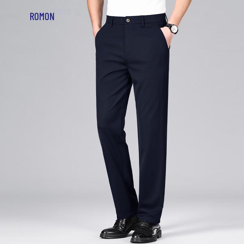 Romon Men's Lightweight Four-Way Stretch Straight-Leg Business Casual Trousers