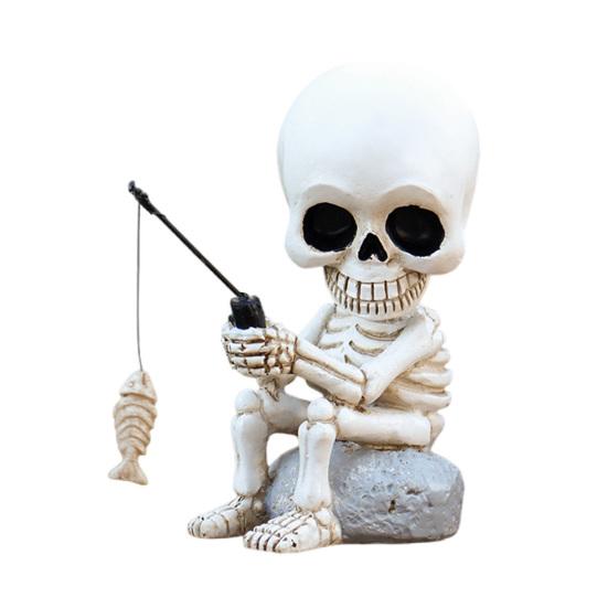 Shaking Head Fishing Skull Resin Mini Skeleton Fisher Sculpture Halloween Gothic Decor Garden Pond Fountain Decor