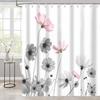 Pink Gray Flowers Shower Curtain, Daisy Floral Simple and Fresh Elegance Plants Cloth Rustic Farmhouse Bathroom Decor Sets,