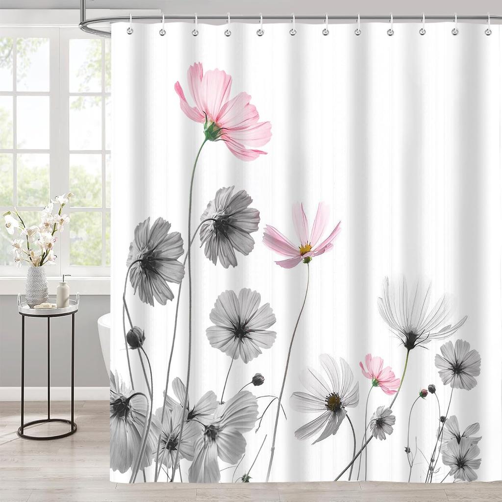 Pink Gray Flowers Shower Curtain, Daisy Floral Simple and Fresh Elegance Plants Cloth Rustic Farmhouse Bathroom Decor Sets,