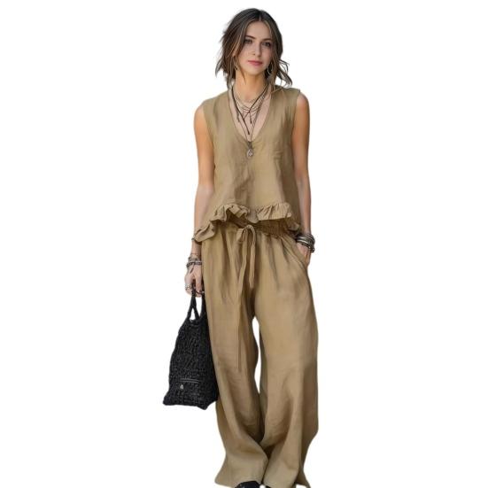 

Summer Ruffle 2 Piece Sets for Women Sleeveless V Neck Tank Top And Wide Leg Pants Sets Casual Loose Loungewear Outfits XXXL хаки
