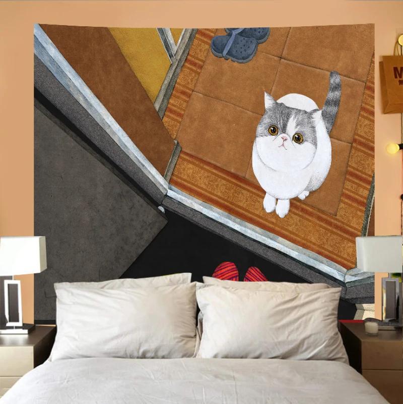 Lazy Cats Tapestry Wall Hanging Garden Cats Sunbathing Boho Illustration Cute Animal Aesthetic Wall Art Bedroom Decor