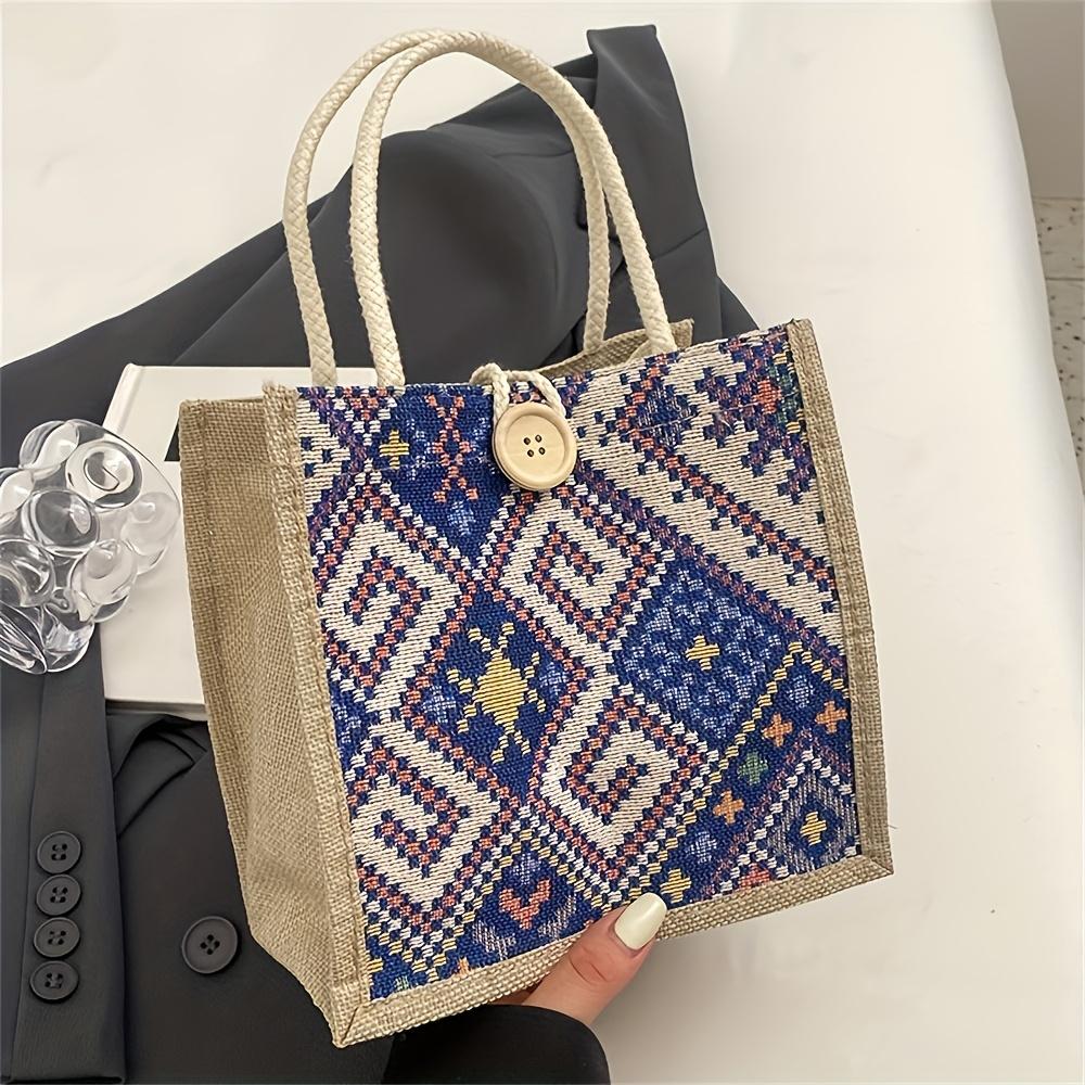 Ethnic Linen Canvas Handbag for Women, Fashionable Grocery Tote, Retro Picnic Shoulder Bag with Buckle Closure, Large Capacity Shopping Bag