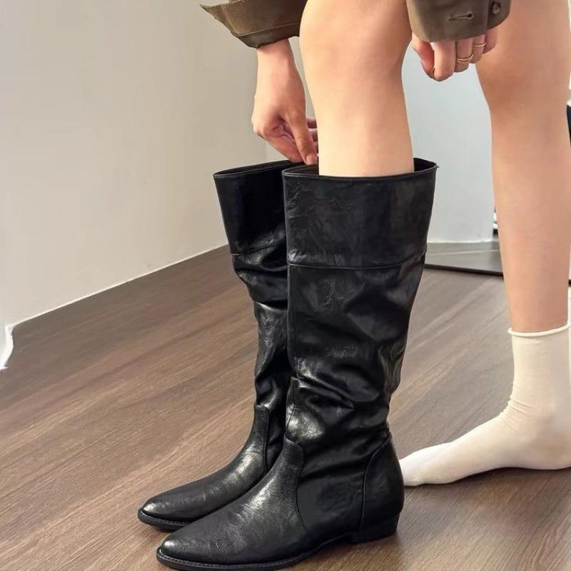 Fashion New Style Shoes for Women Spring Knee High Boots Black White Tall Boots Woman Pleated Low Heels Casual Leather Female Long Shoes