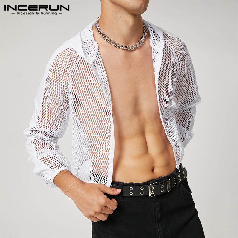 INCERUN Sommer-Herren-Mesh-Crop-Top mit Kapuze, durchsichtig, durchsichtig