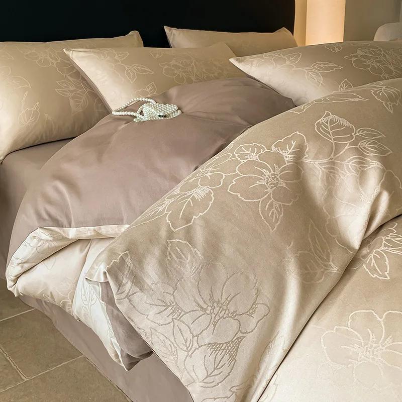 Light Luxury Satin Jacquard Solid Fitted Sheet Sets Pure Cotton Skin-Friendly Soft Quilt Cover 1.5/1.8M Bed Bedding for Adults