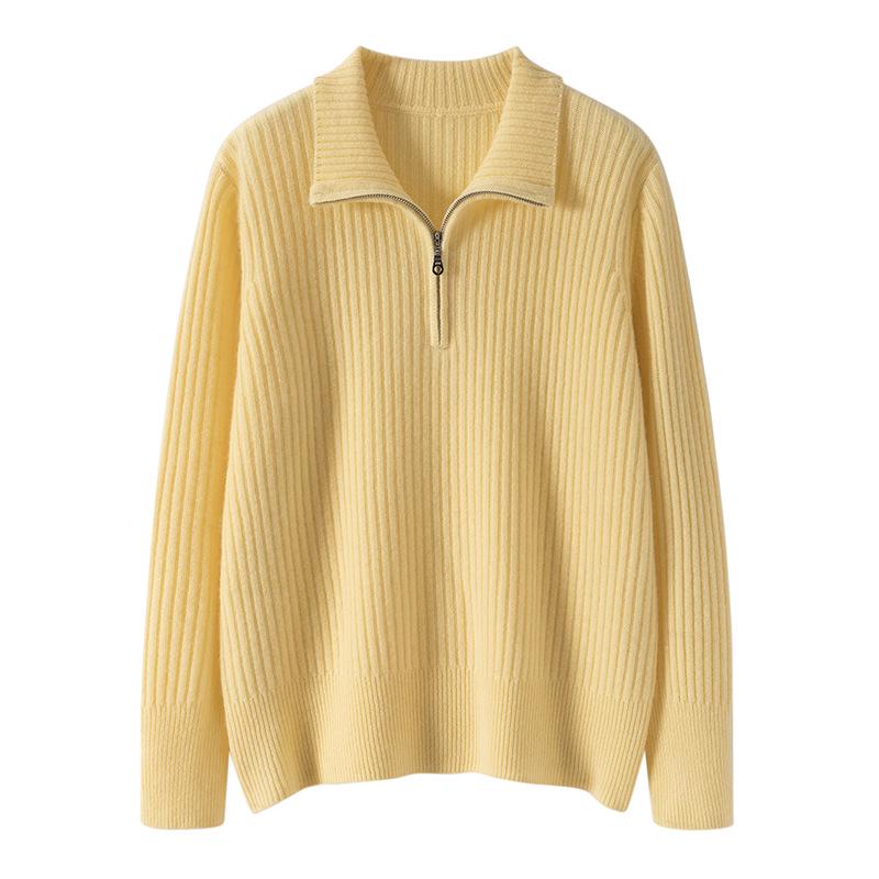 Elegant European Cashmere Lambswool Zip-Up Sweater for Women