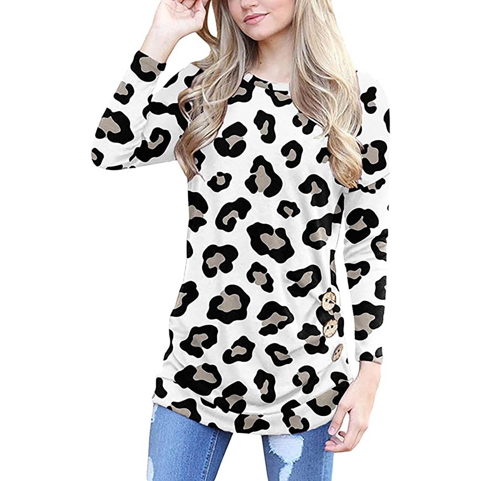 

Женская блузка с длинными рукавами и леопардовой отделкой, туника с круглым вырезом, футболка