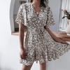 Floral Print Chic Women Summer Dress V Neck Short Sleeve A Line Ruffled Pleated Fashion