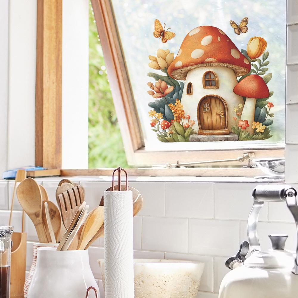 Kreskówkowy Dom Grzybowy Kwiat i Motyl Naklejki do Dekoracji i Upiększania Łazienki Domu