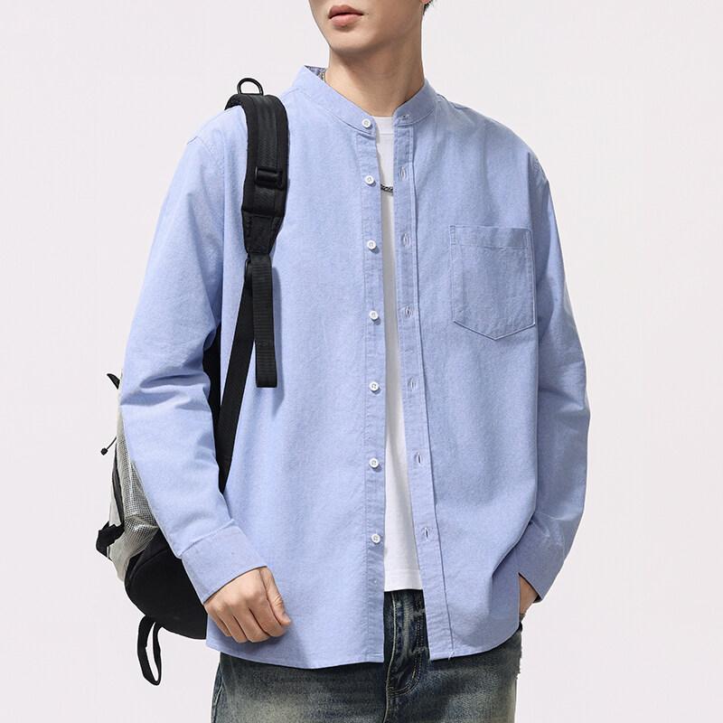 

Весна Осень Оксфорд Повседневные Рубашки Мужские Однотонные Стойка Воротник Длинный Рукав Рубашка Мужская Хлопковая Мода Корейский Уличный Стиль Блузка Топы 3XL небесно-голубой