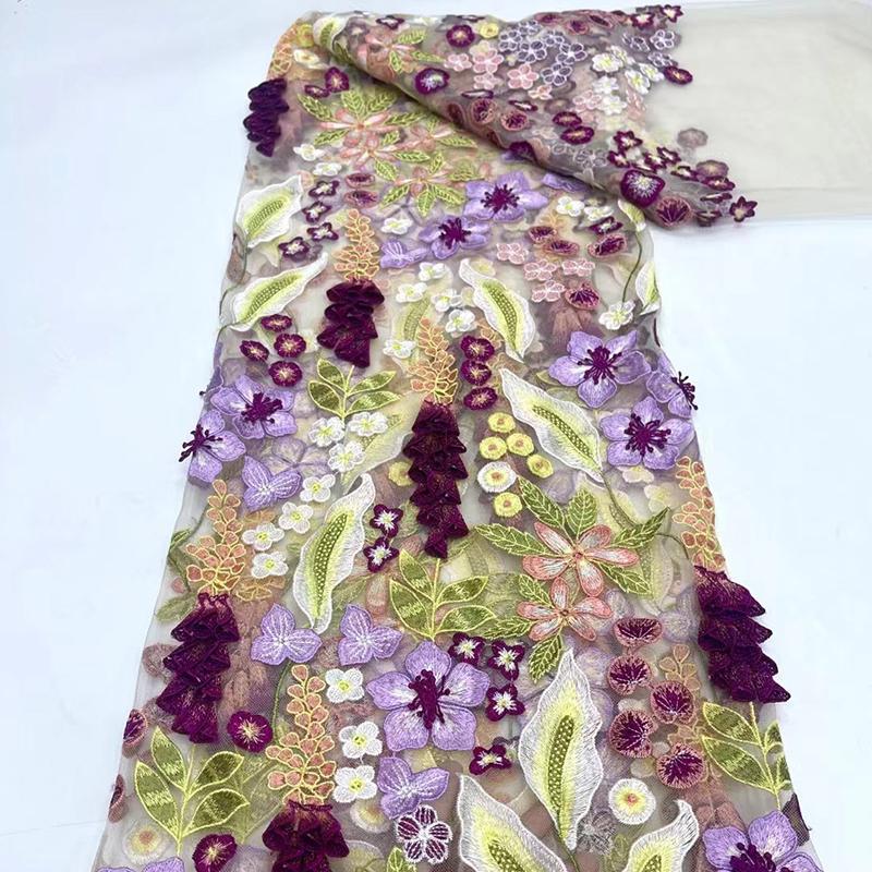 1 Yards 3D Floral Lace Embroidery Fabric Flower Embroidery Mesh Colorful Thread Fabric For Sewing Wedding Evening Dress