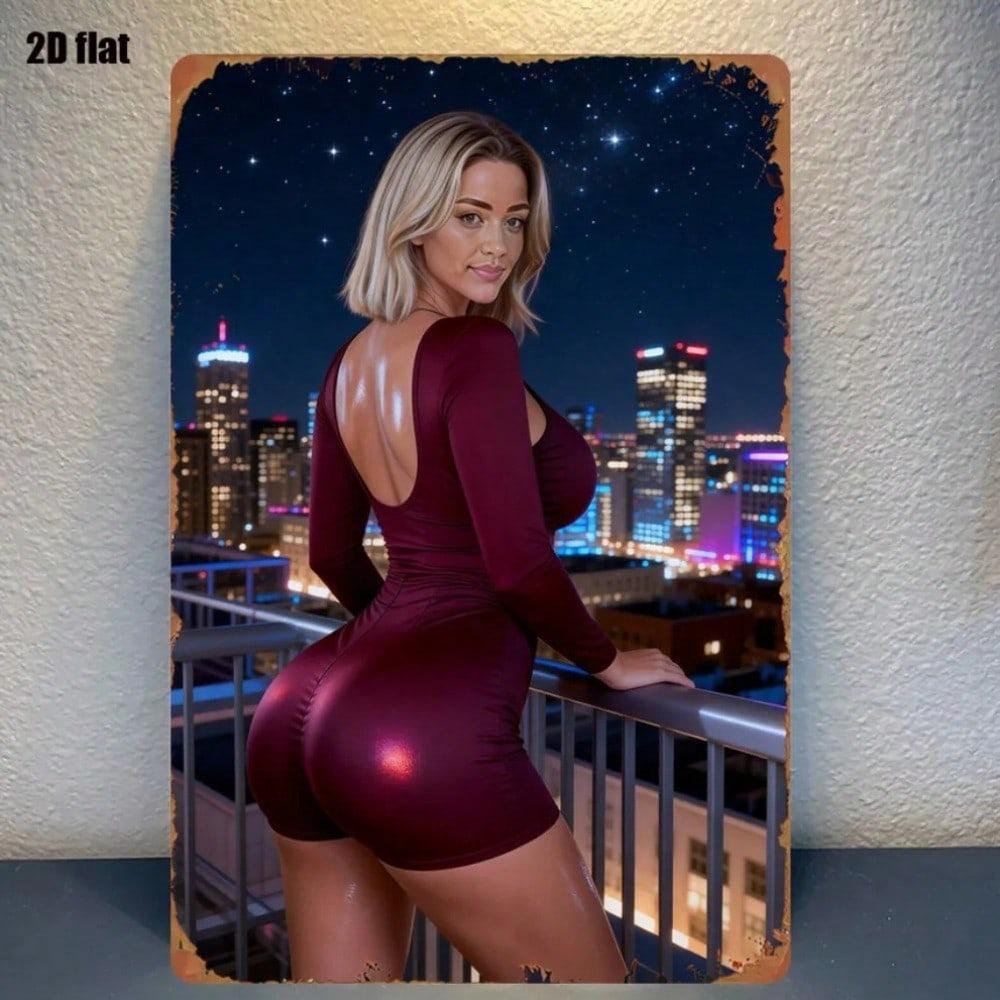 Sexy Woman Silhouette Night City Skyline Metal Poster Wall Art for Living Room