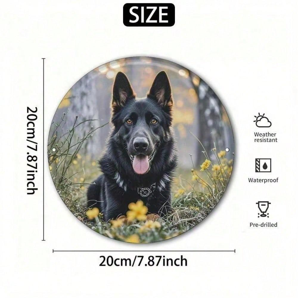 Vintage German Shepherd Metal Sign Round Aluminum Wall Art Black Dog Decor Man Cave Garage