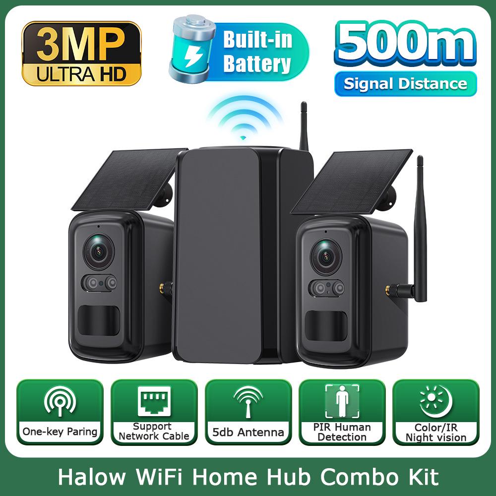

Wireless Courtyard HD Battery Camera Kit with WiFi Repeater and Easy One-Key Connection for Low Power Monitoring EU Black (1 Repeater + 2 Solar Battery Cameras)