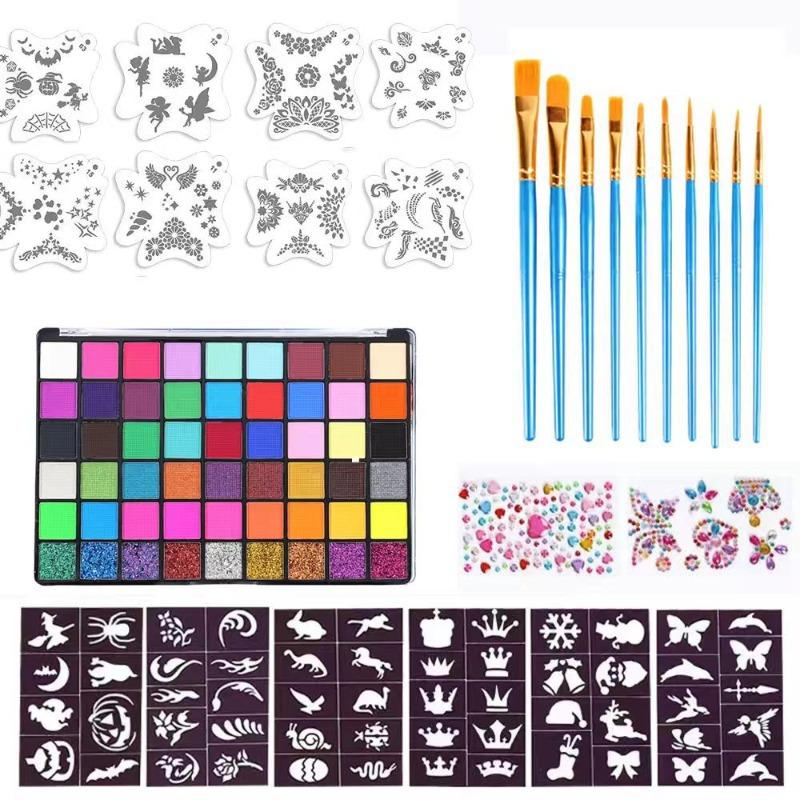 

54 Colors Professional Face Body Paint Kit Water-Based Non-Toxic Makeup Palette with Brushes and Stencils for Kids Adults Party Halloween Cosplay 54 colors
