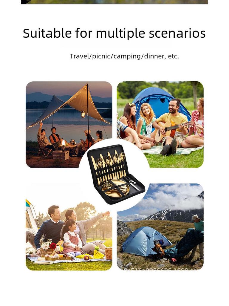 Set de tacâmuri de exterior din oțel inoxidabil cu cuțit, furculiță, lingură și pungă de pânză