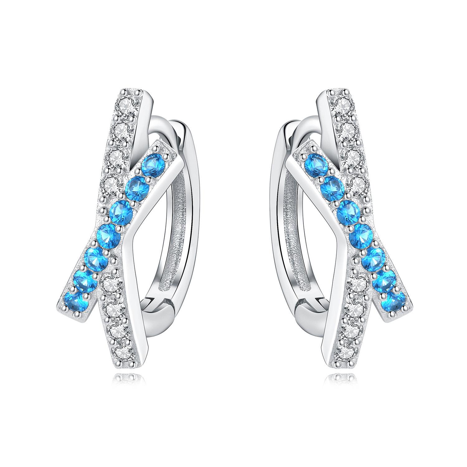 Classic Copper Silver Plated X Shape Hoop Earrings Women Blue Zircon Inlaid Hypoallergenic Small Huggie Jewelry Gift