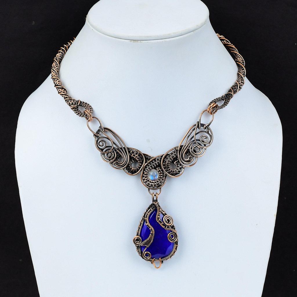 Collier Saphir Bleu Facetté Collier Pierre Précieuse Enveloppé de Fil de Cuivre Collier Pierre de Lune Arc-en-Ciel Fait Main Étonnants Bijoux en Cuivre Cadeau de Mariage